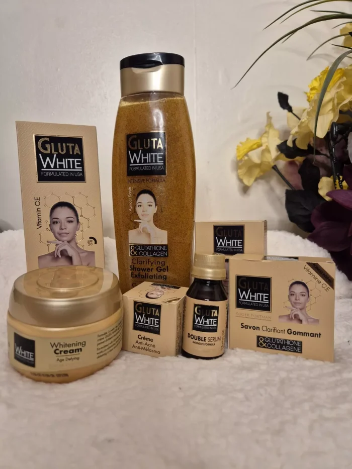 GLUTA WHITE - Cream 275 ml Serum 60ml Shower Gel 750 ml Facial Cream 2 Soaps 110 ml &190 ml Lotion 250 ml